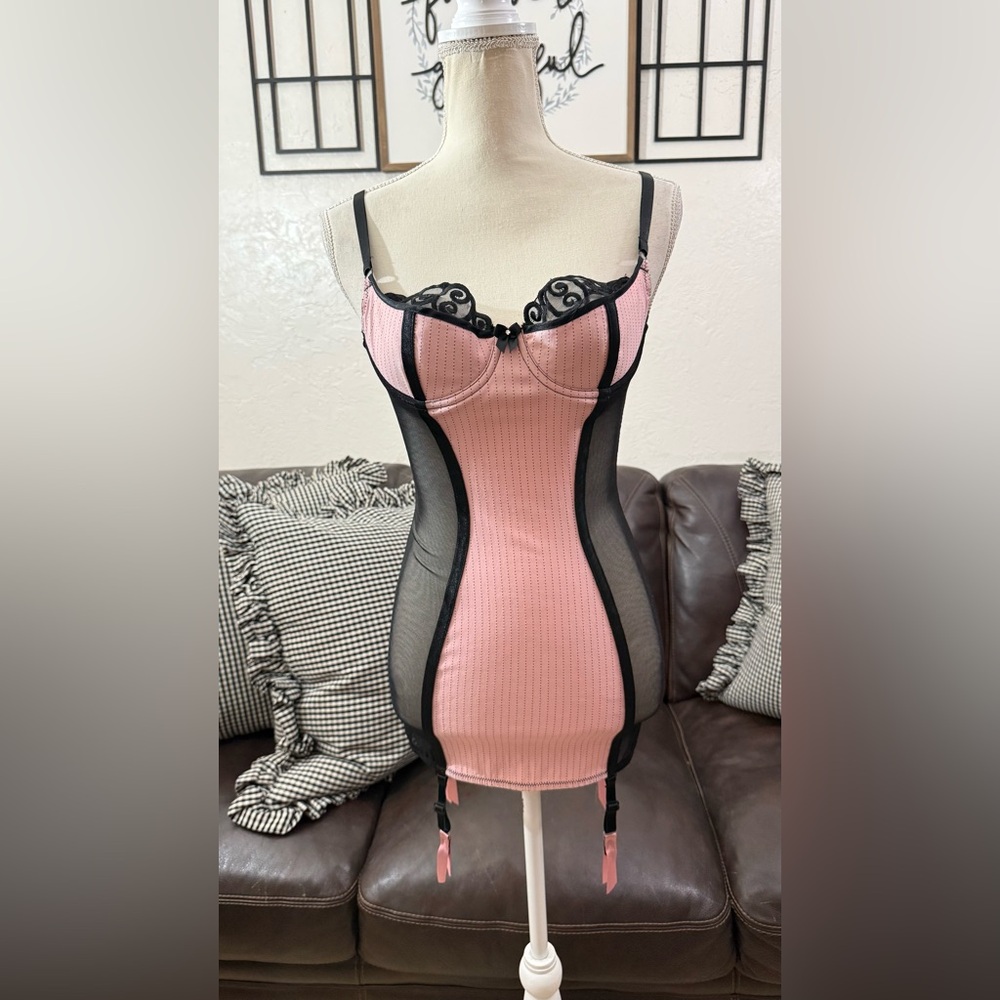 Shirley of Hollywood Pinstripe Corset Dress Size 34 Black & Pink Lingerie Set - Picture 8 of 16